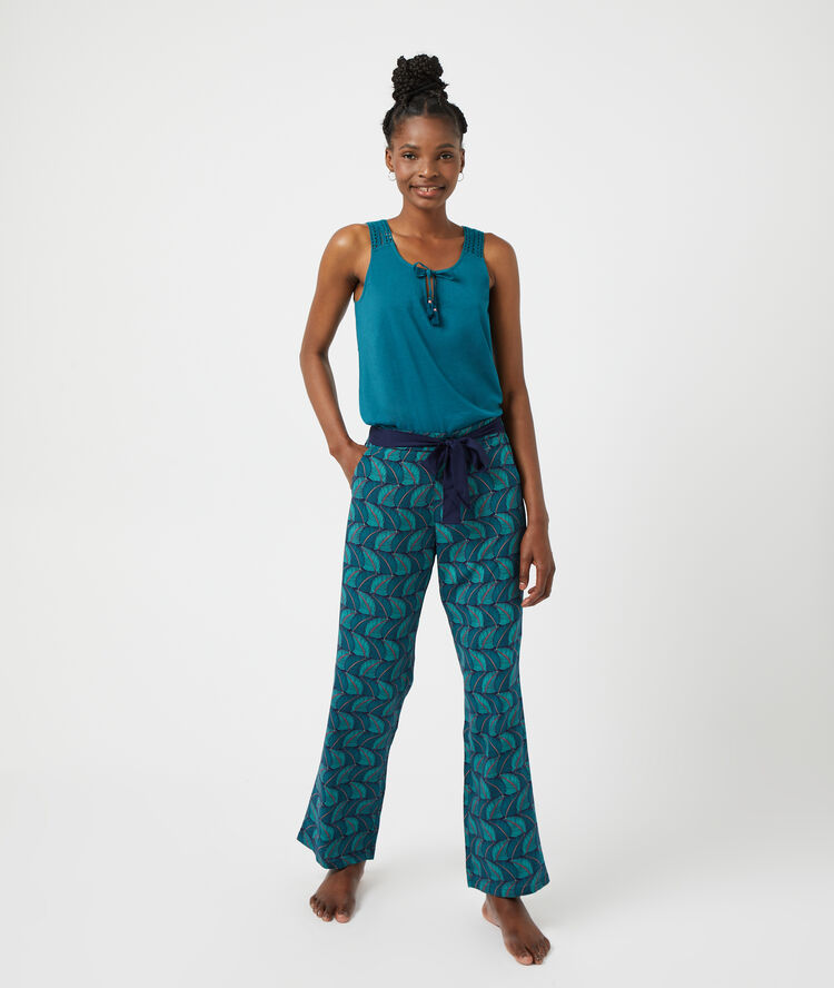 Pantalón estampado, anudado lazada turquesa.
