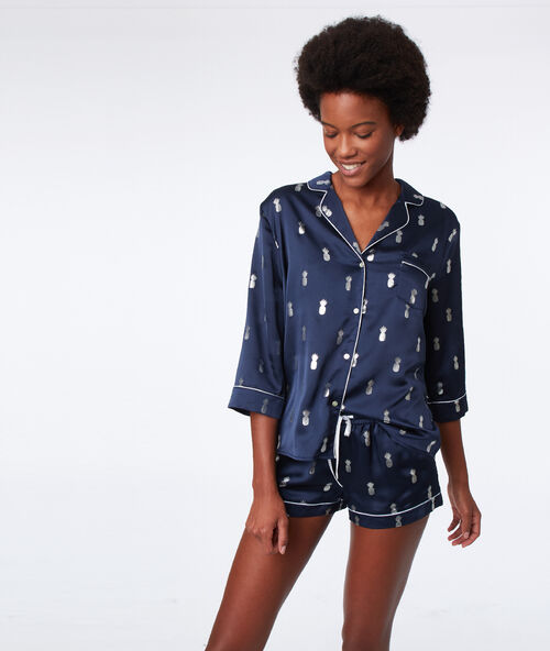 Camisa pijama piñas plateadas azul marino.