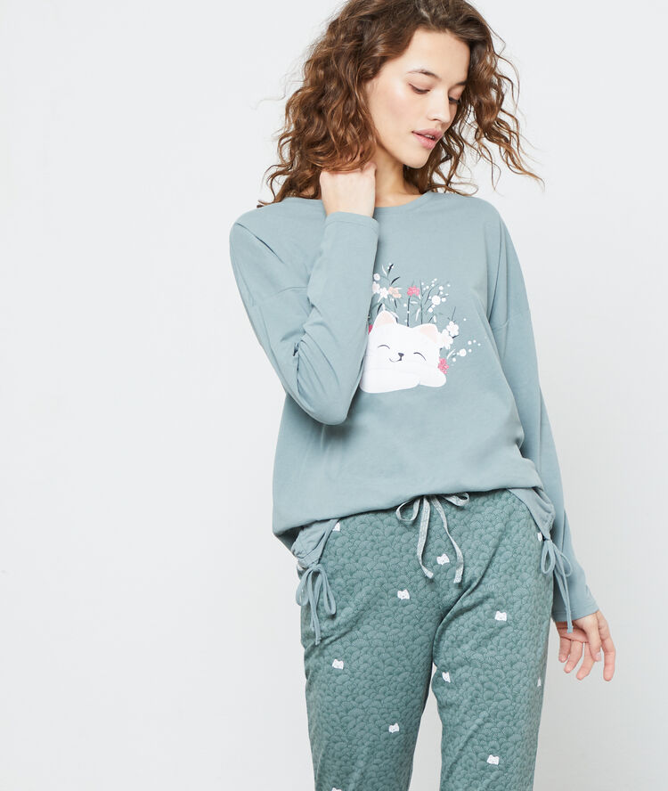 Camiseta manga larga gato caqui.
