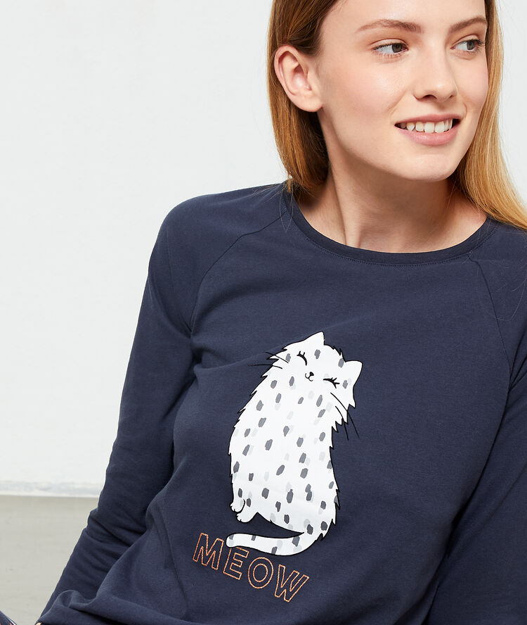 Camiseta 'meow' estampado gato azul.