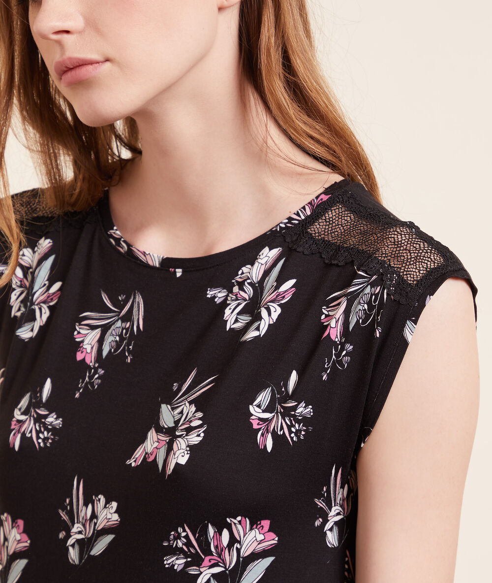 Camisón sin mangas viscosa, estampado floral negro.