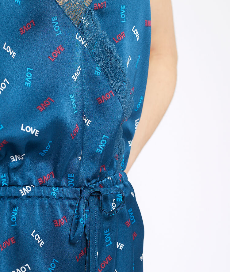 Mono corto de satén estampado 'love' azul.