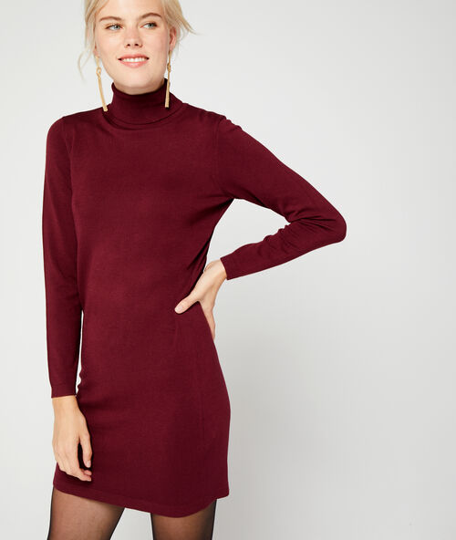 Vestido suéter cuello alto burdeos.