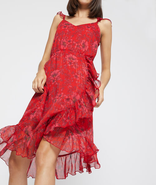 Vestido estampado floral y volantes rojo.