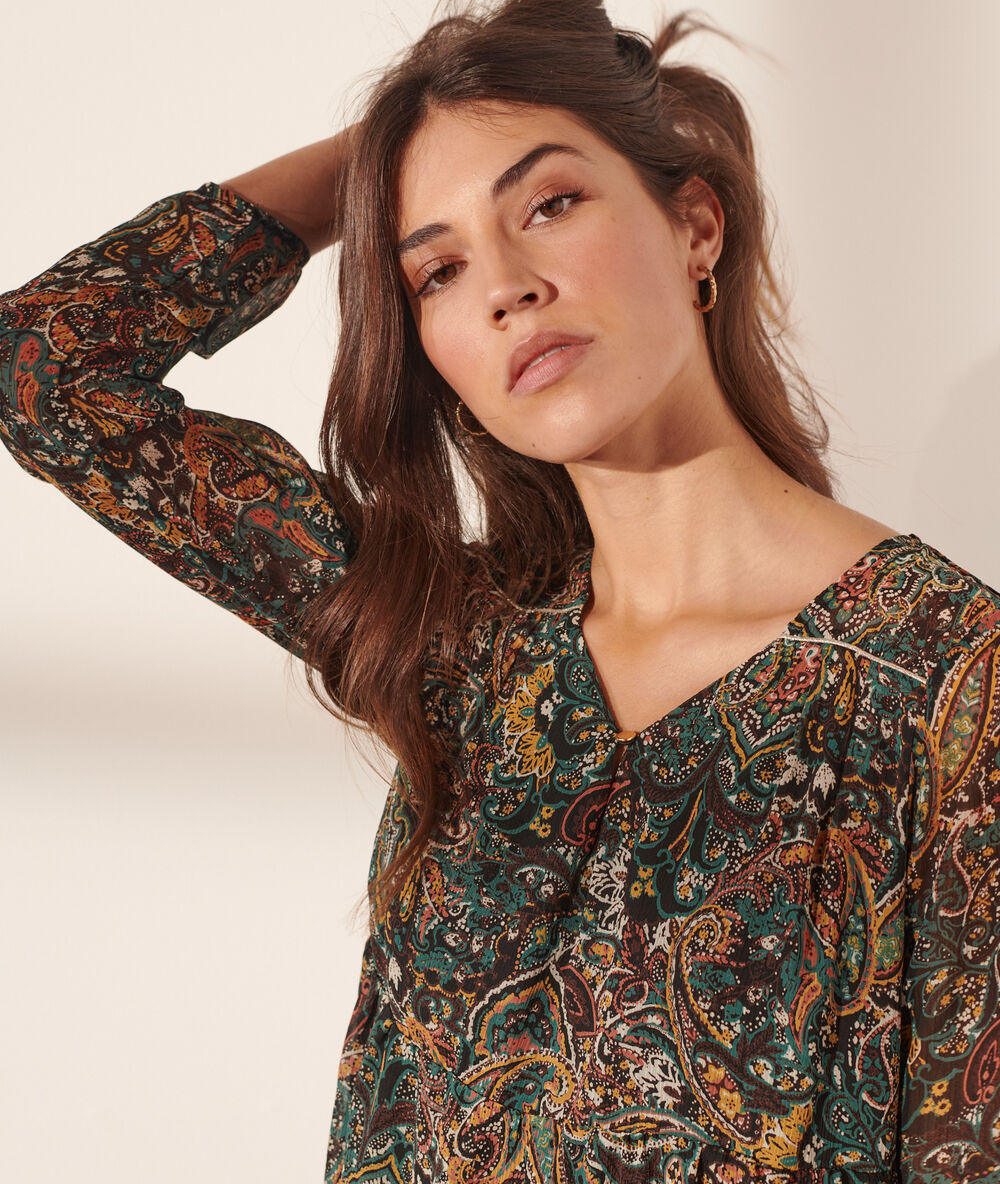 Robe courte fluide imprimé fleuri vert sapin.