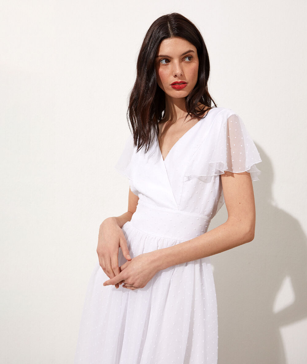 Vestido largo tul plumeti crudo.