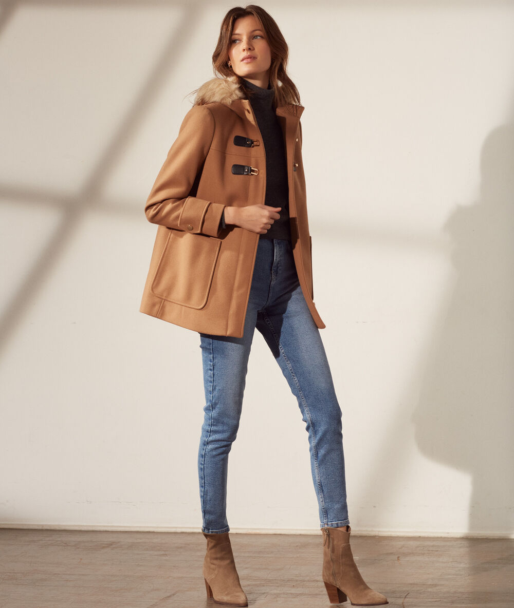 Abrigo con capucha, pelo sintético c.camel.