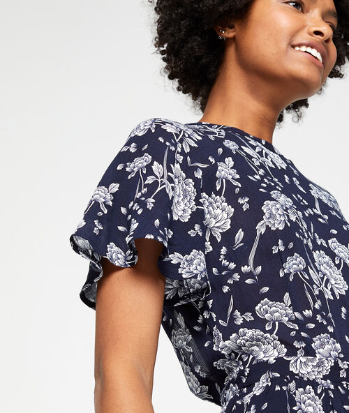 Vestido largo espalda abierta estampado floral azul marino.