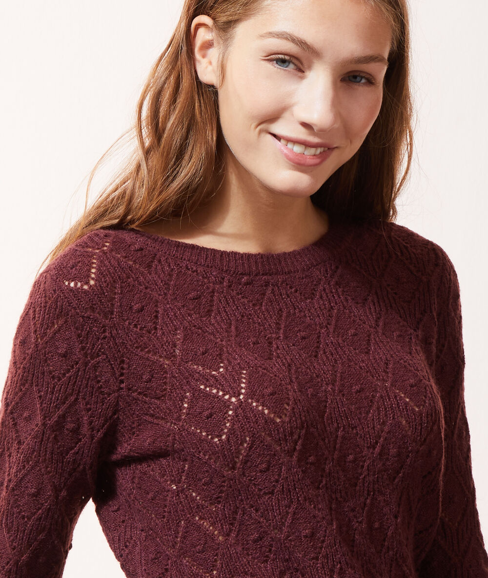 Pull maille pointelle noué au dos bordeaux.