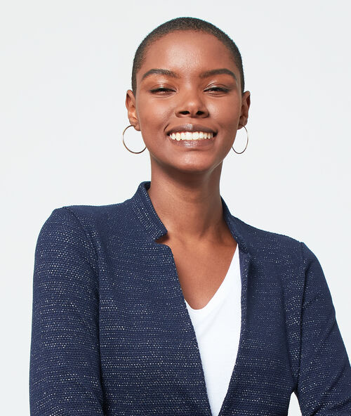 Veste col tailleur à fils métallisés marine.