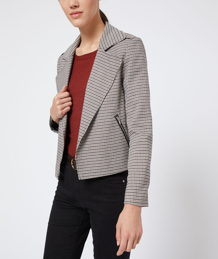 Chaqueta biker con estampado pata de gallo negro.