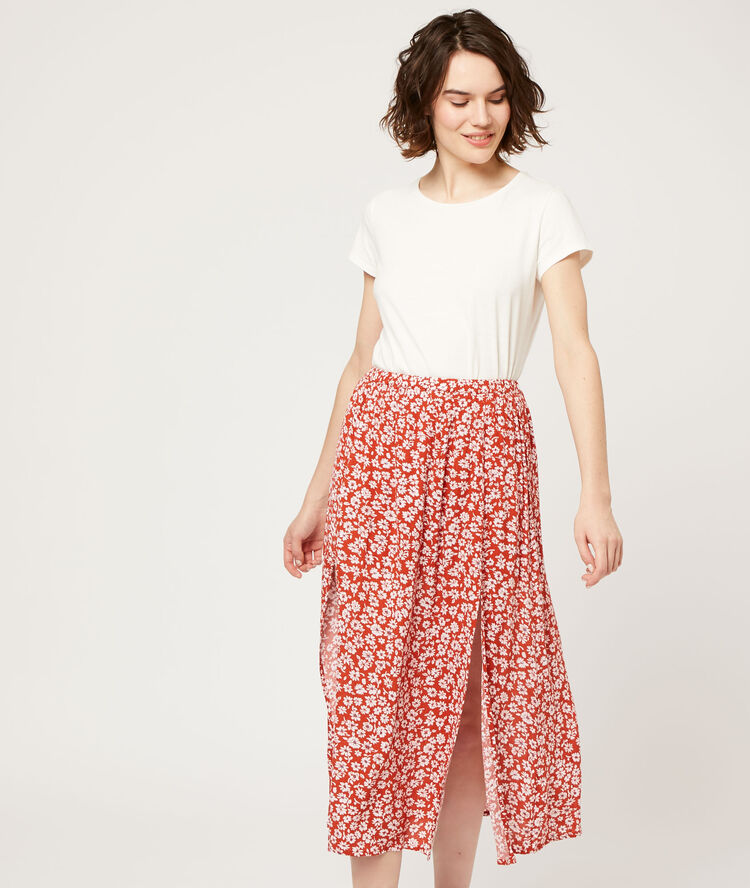 Falda midi estampado floral tomate.