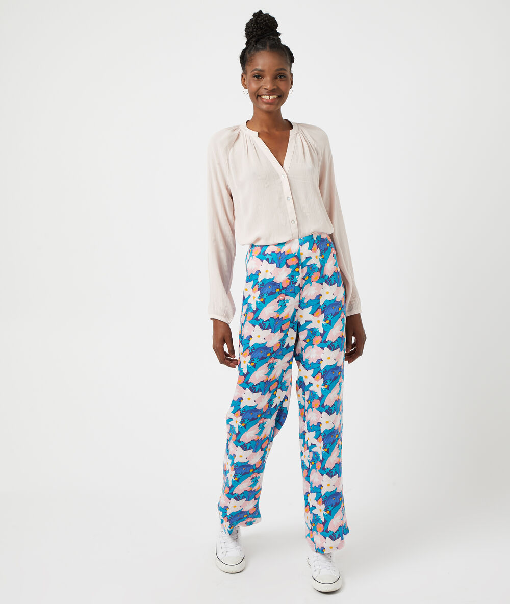 Pantalón largo estampado floral azul marino.