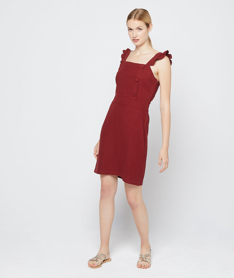 Vestido recto con tirantes con volantes granate.