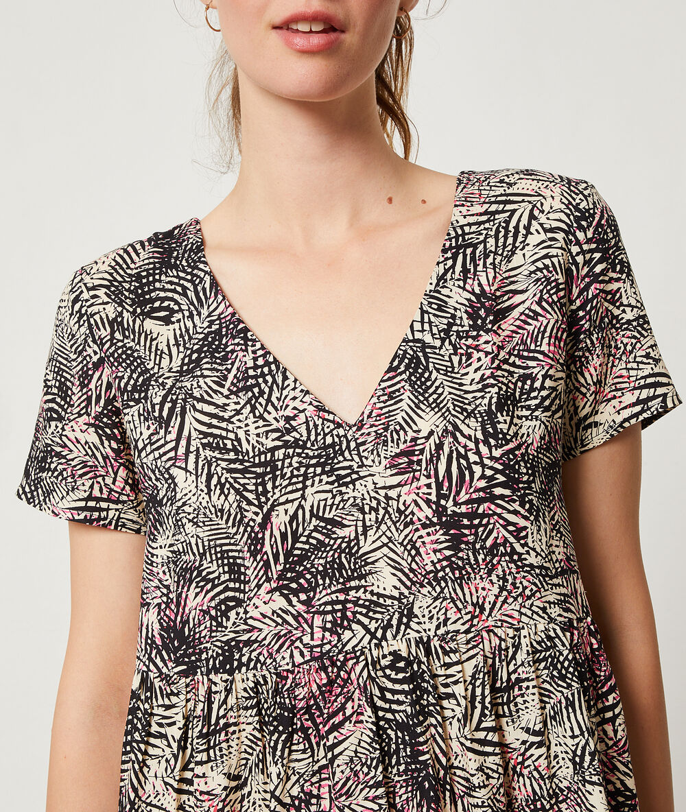 Vestido vaporoso estampado hojas crudo.
