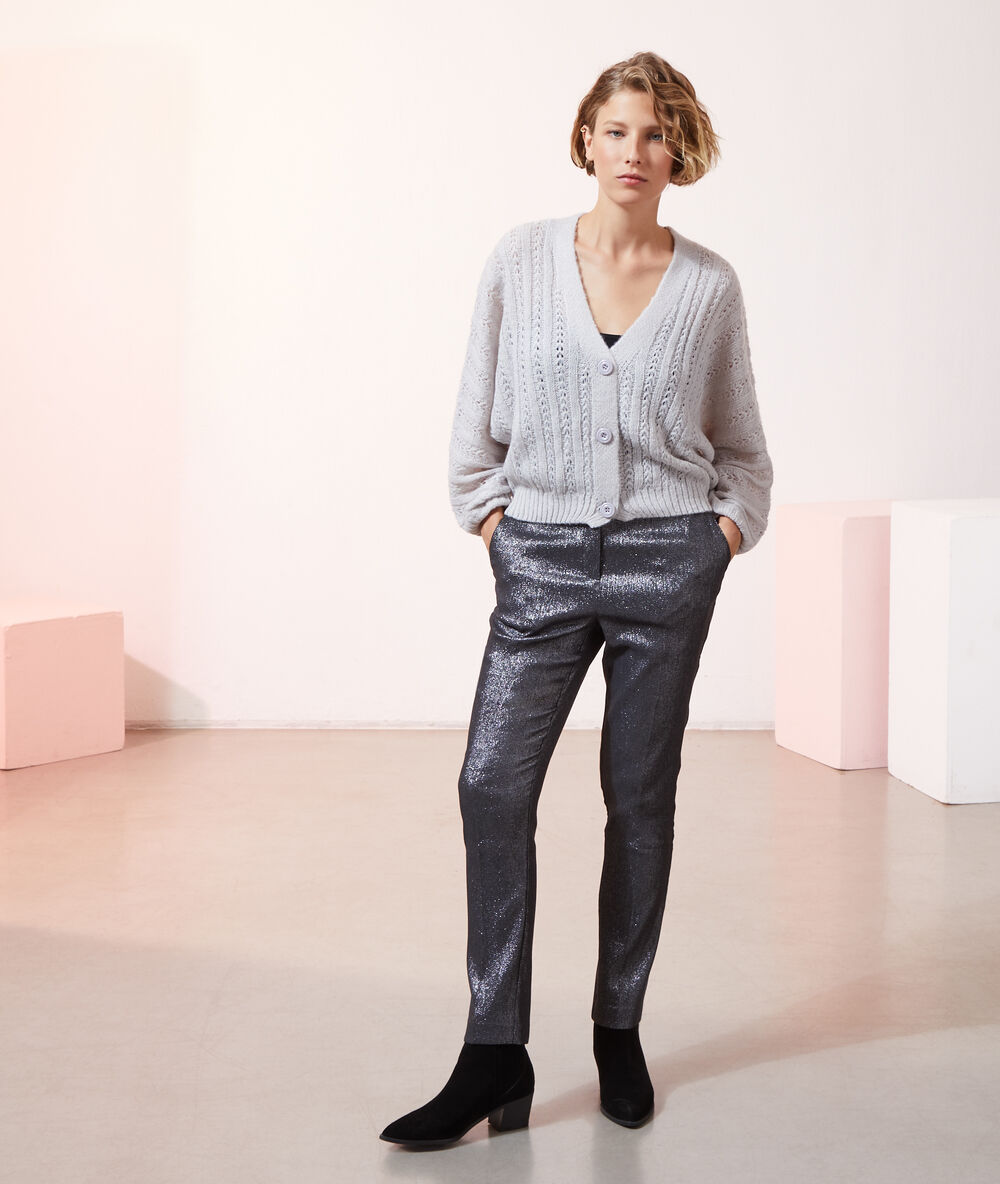Pantalon cigarette pailleté noir.