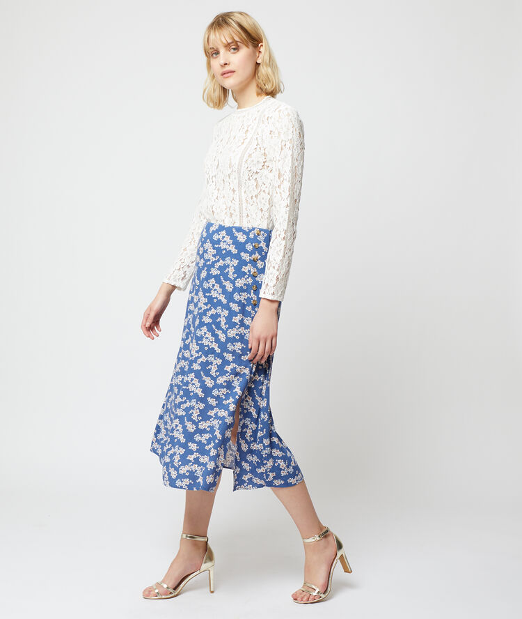 Falda midi estampado floral azul.