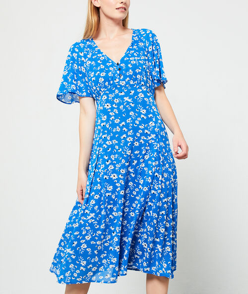 Vestido largo estampado floral azul.
