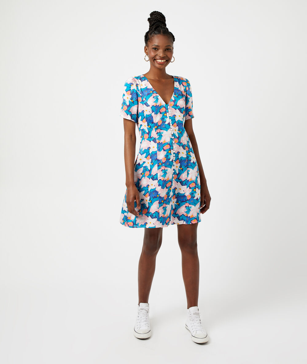 Vestido corto estampado floral azul marino.