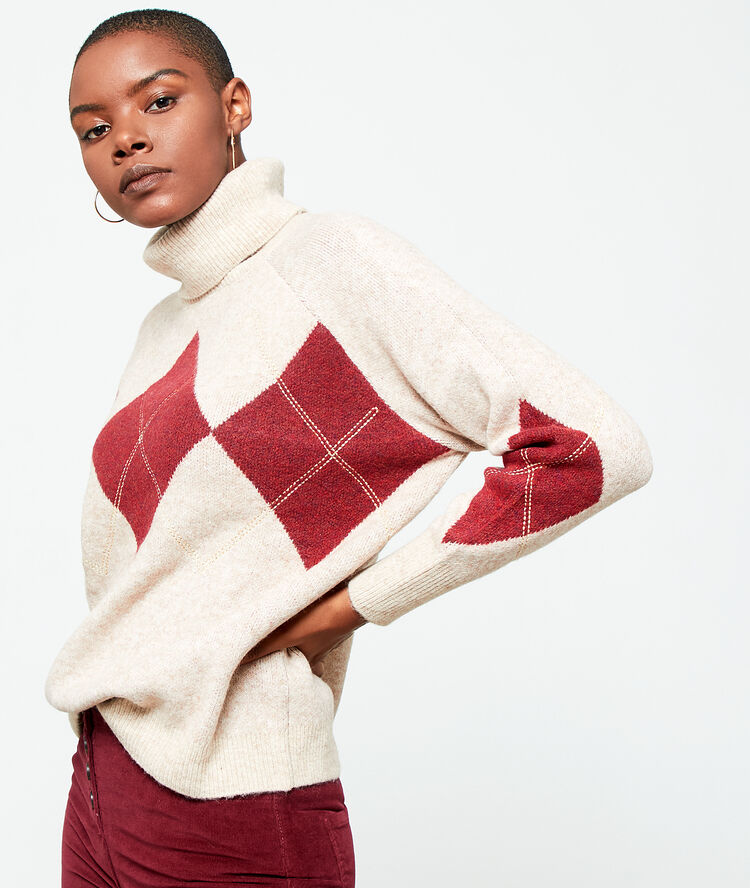 Jersey cuello alto estampado jacquard crudo.