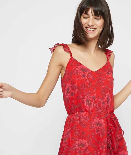 Vestido estampado floral y volantes rojo.