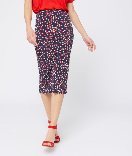Falda recta estampado floral azul marino.