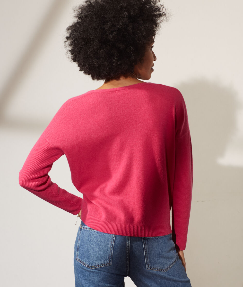 Jersey de lana y cachemir, escote en v fucsia.
