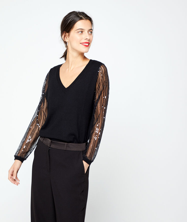 Suéter con lentejuelas y manga transparente negro.