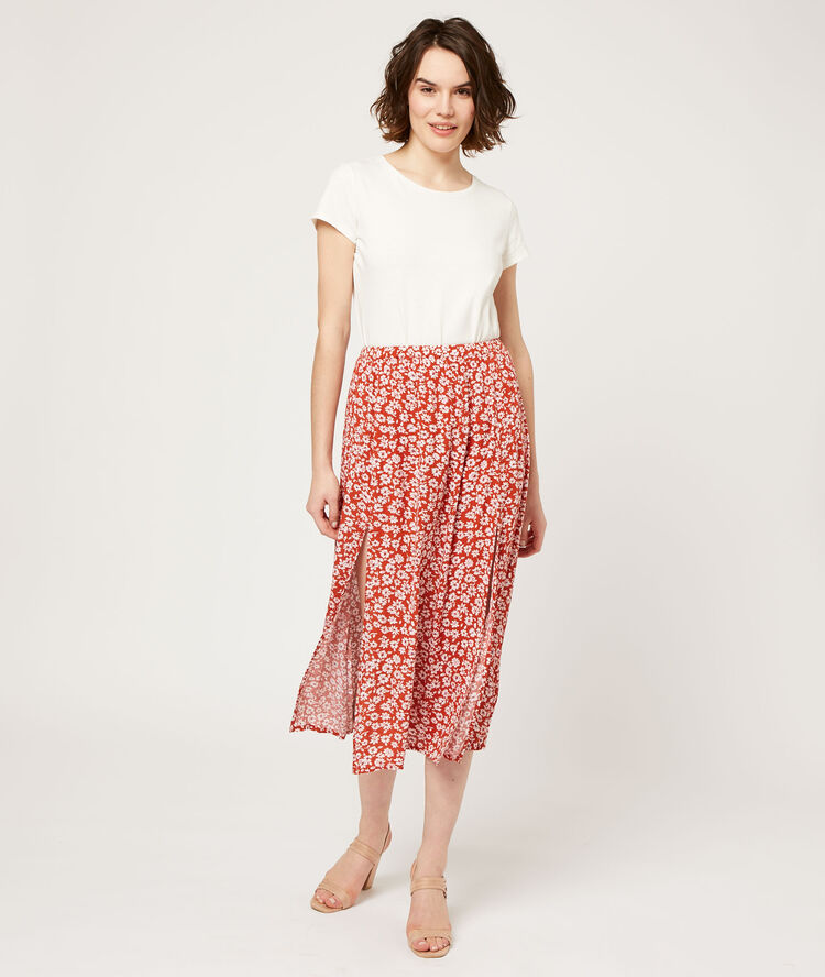 Falda midi estampado floral tomate.