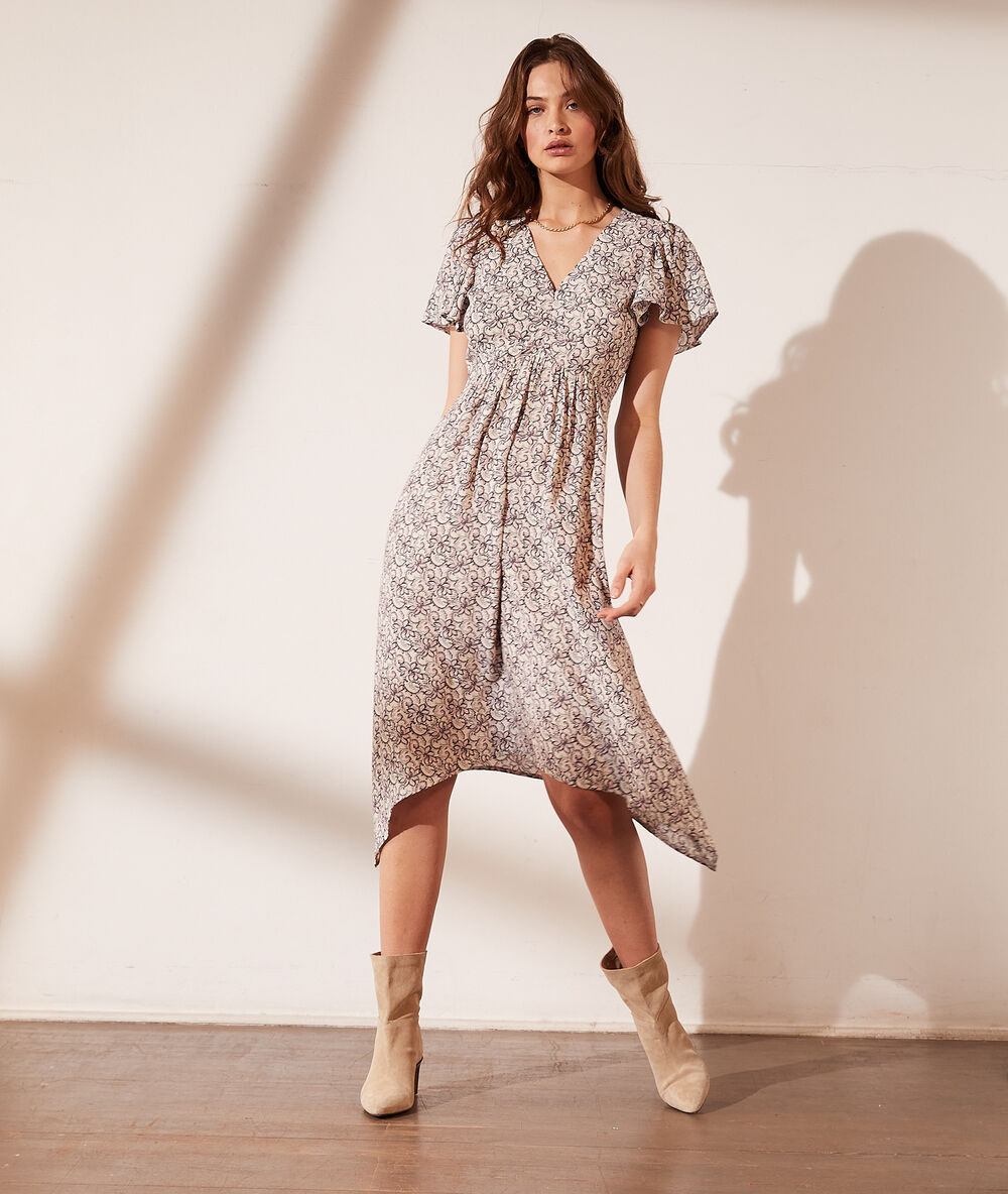 Vestido midi, estampado floral crudo.