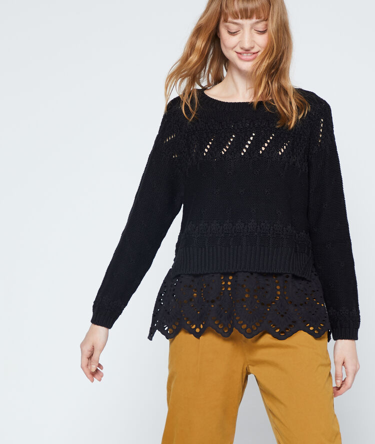 Suéter de punto grueso con detalles en crochet negro.