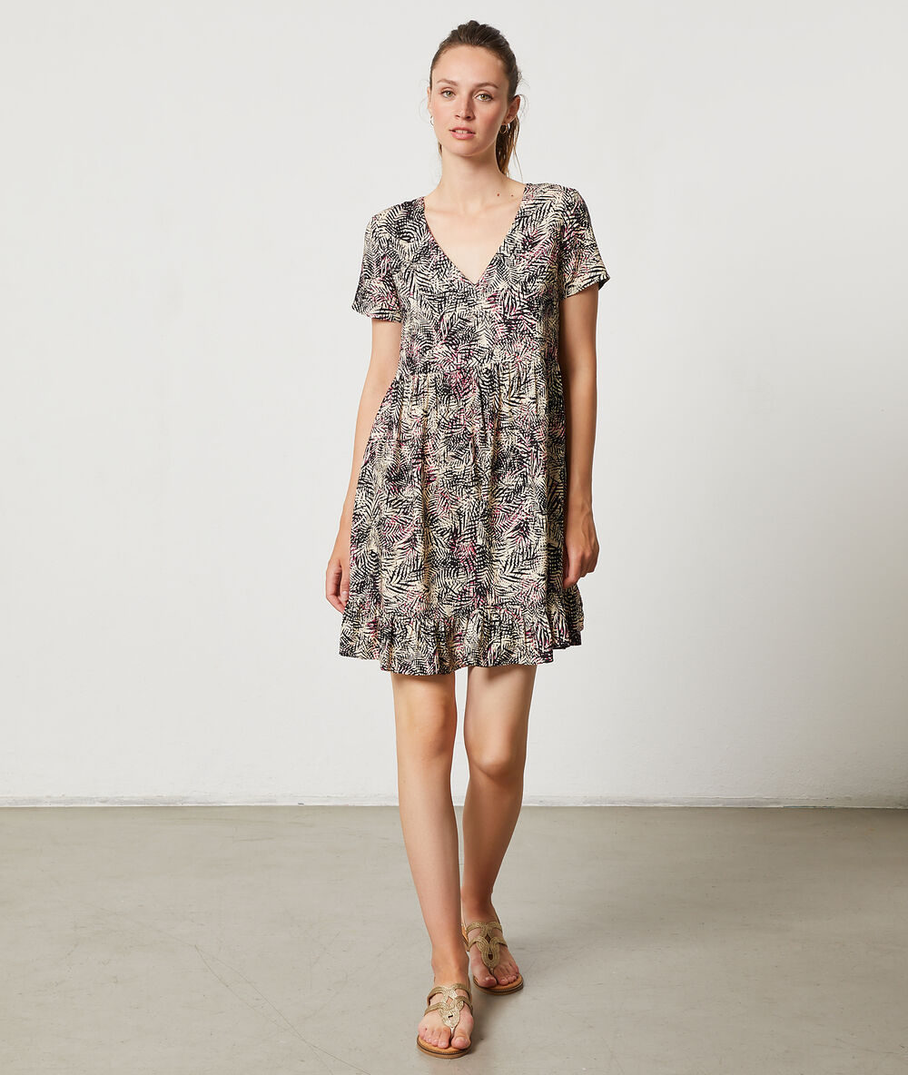 Vestido vaporoso estampado hojas crudo.