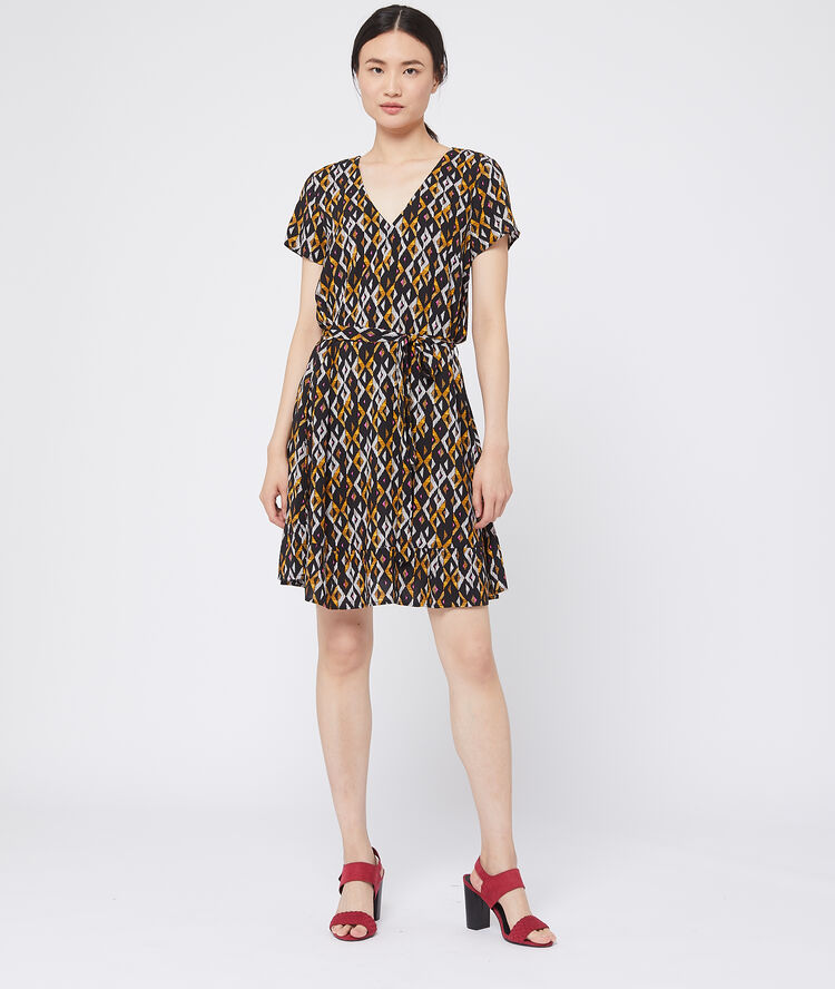 Vestido acampanado estampado gráfico negro.