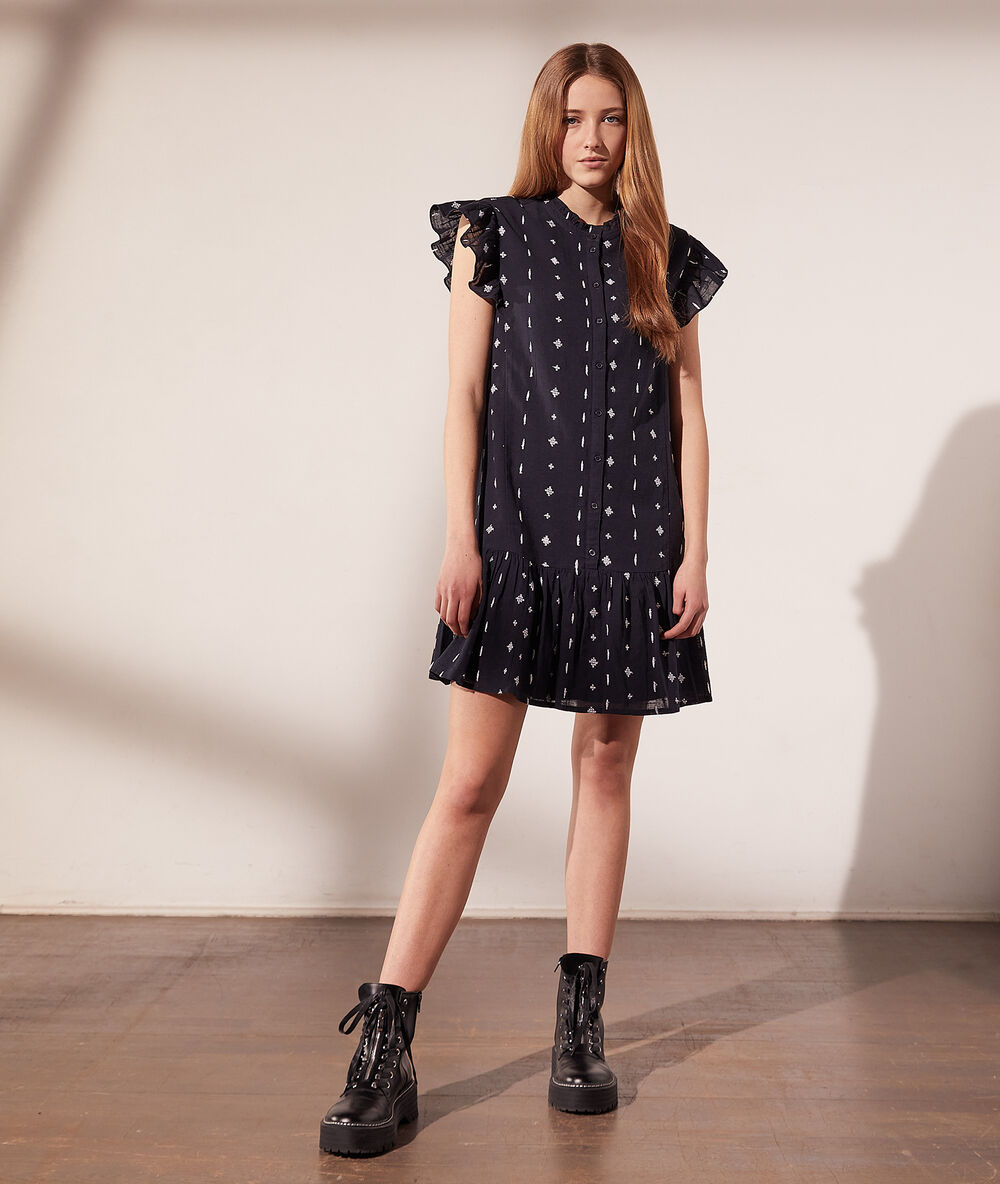Vestido camisero estampado azul marino.