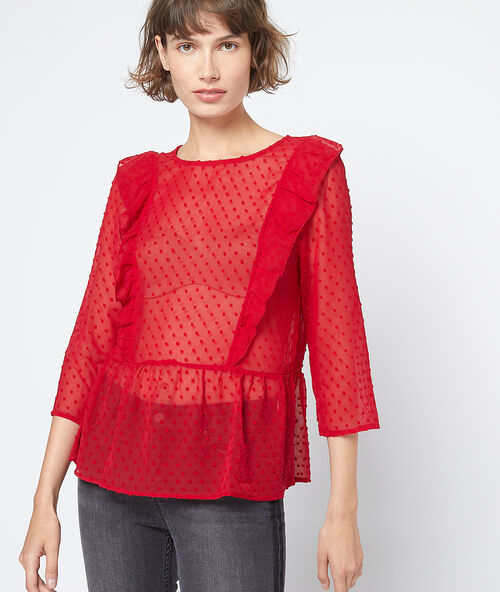 Blusa transparente de plumetis rojo.