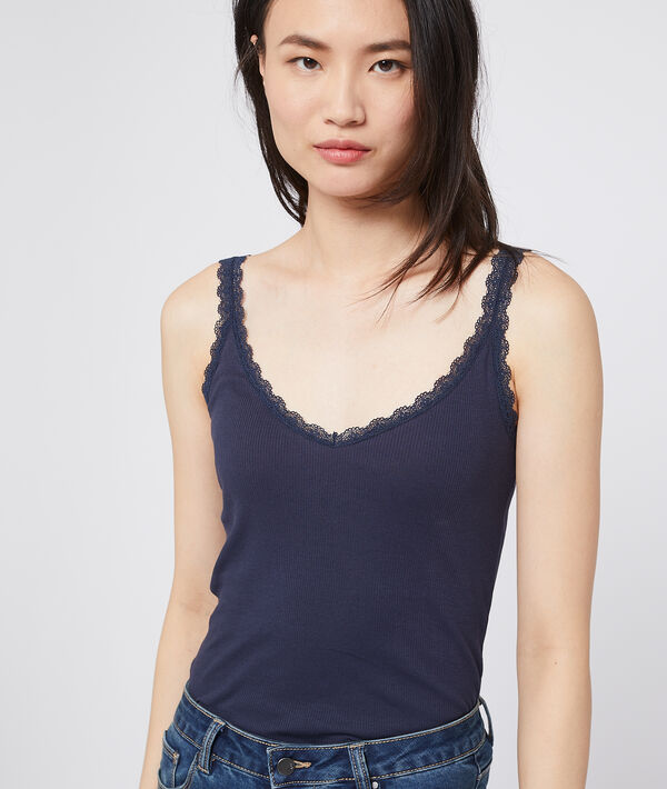 Top de tirantes acanalado con detalles de encaje - PLUME - XS - Azul - Mujer - Etam