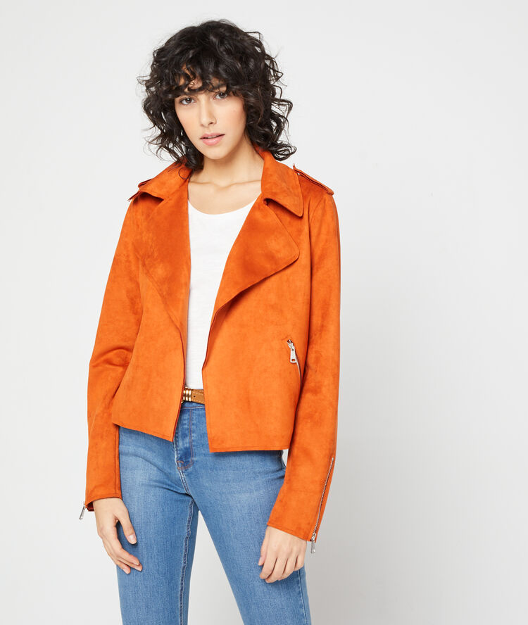 Chaqueta de motero efecto ante naranja.