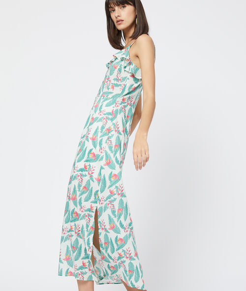 Vestido largo estampado floral verde claro.