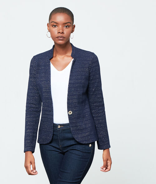 Veste col tailleur à fils métallisés marine.