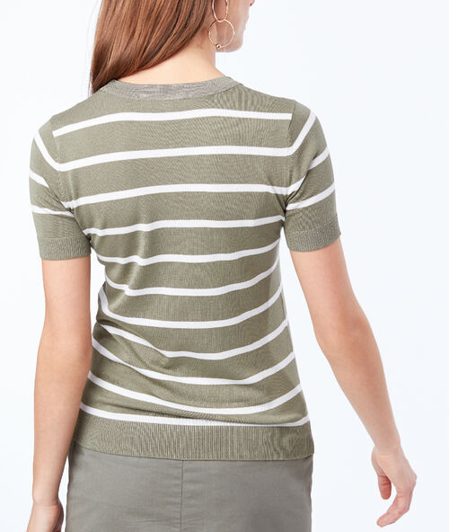 Camiseta de rayas cuello redondo caqui.