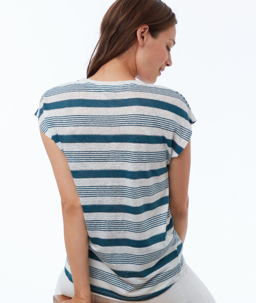 Camiseta manga corta estampado rayas de lino turquesa.