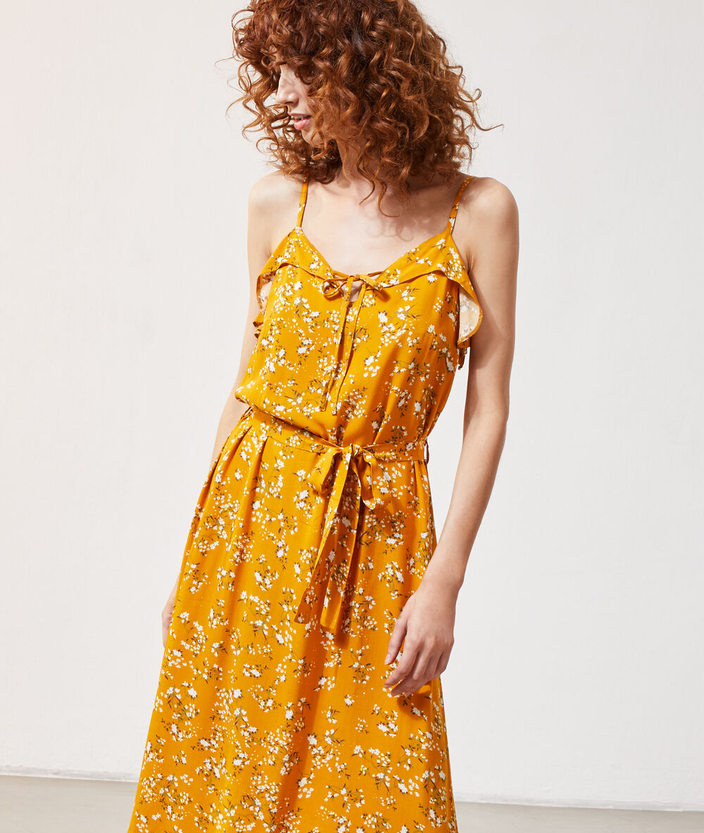 Vestido largo estampado floral azafrán.