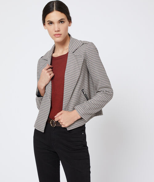 Chaqueta biker con estampado pata de gallo negro.