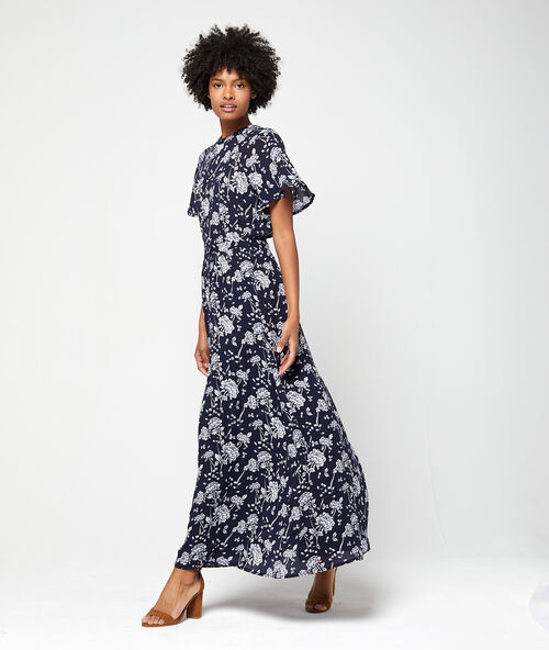 Vestido largo espalda abierta estampado floral azul marino.