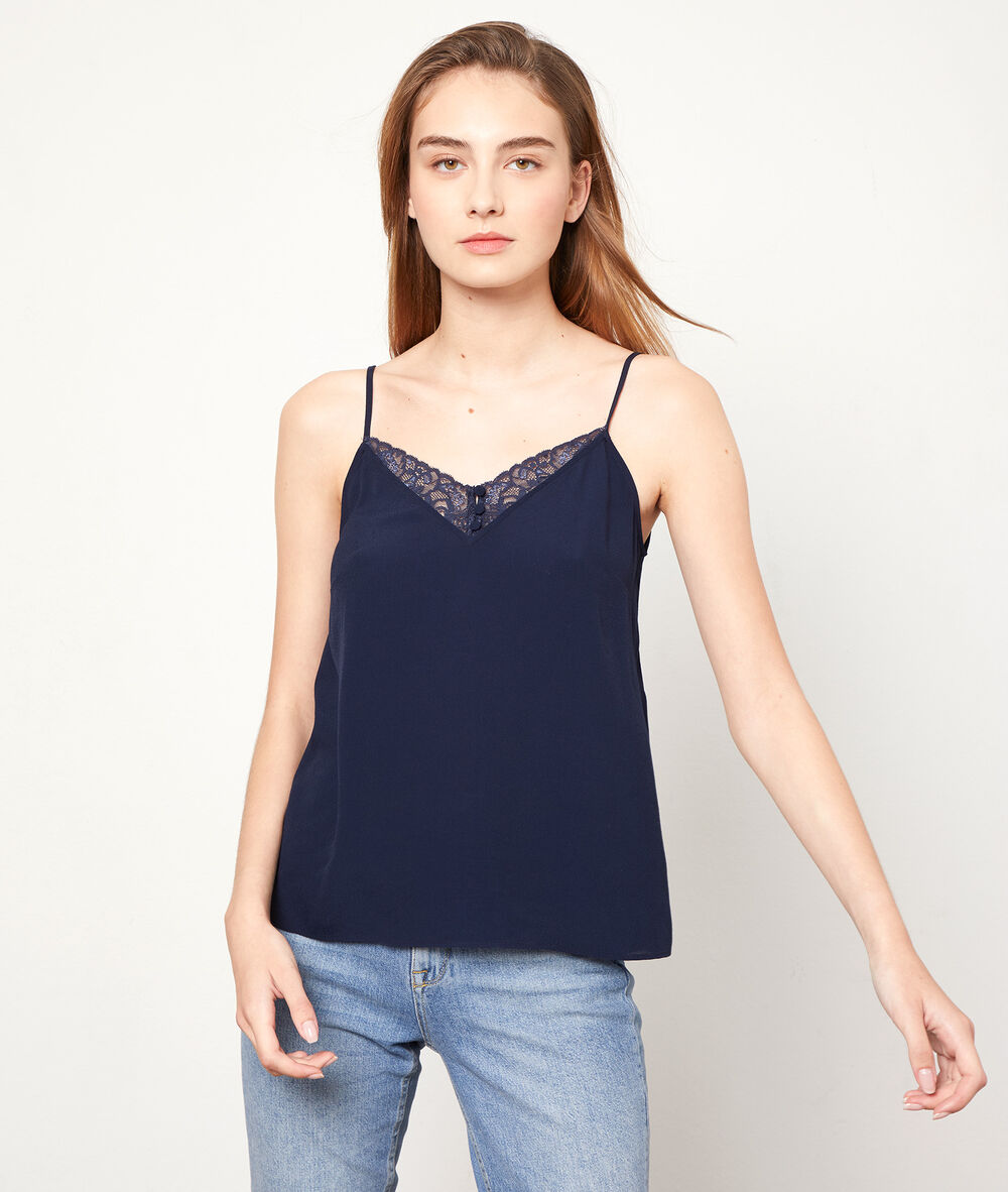 Top escotado con motivos de encaje azul marino.