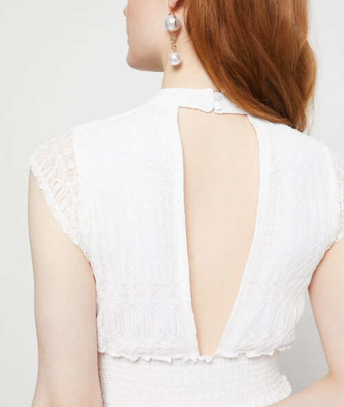 Vestido espalda abierta en encaje y guipur crudo.