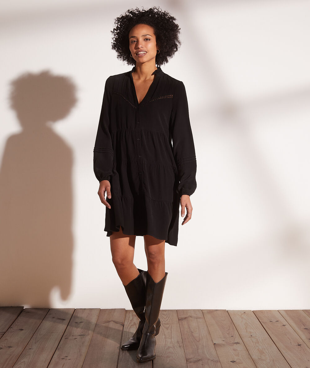 Vestido camisero, mangas abullonadas negro.