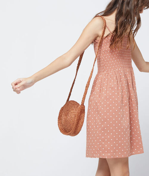 Vestido fruncido con lunares 100% algodón ocre.