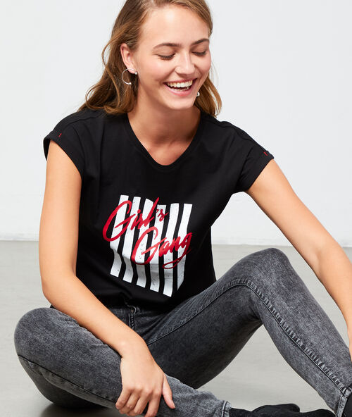Camiseta &lsquo;girl&rsquo;s gang&rsquo; de algod&oacute;n bio negro.