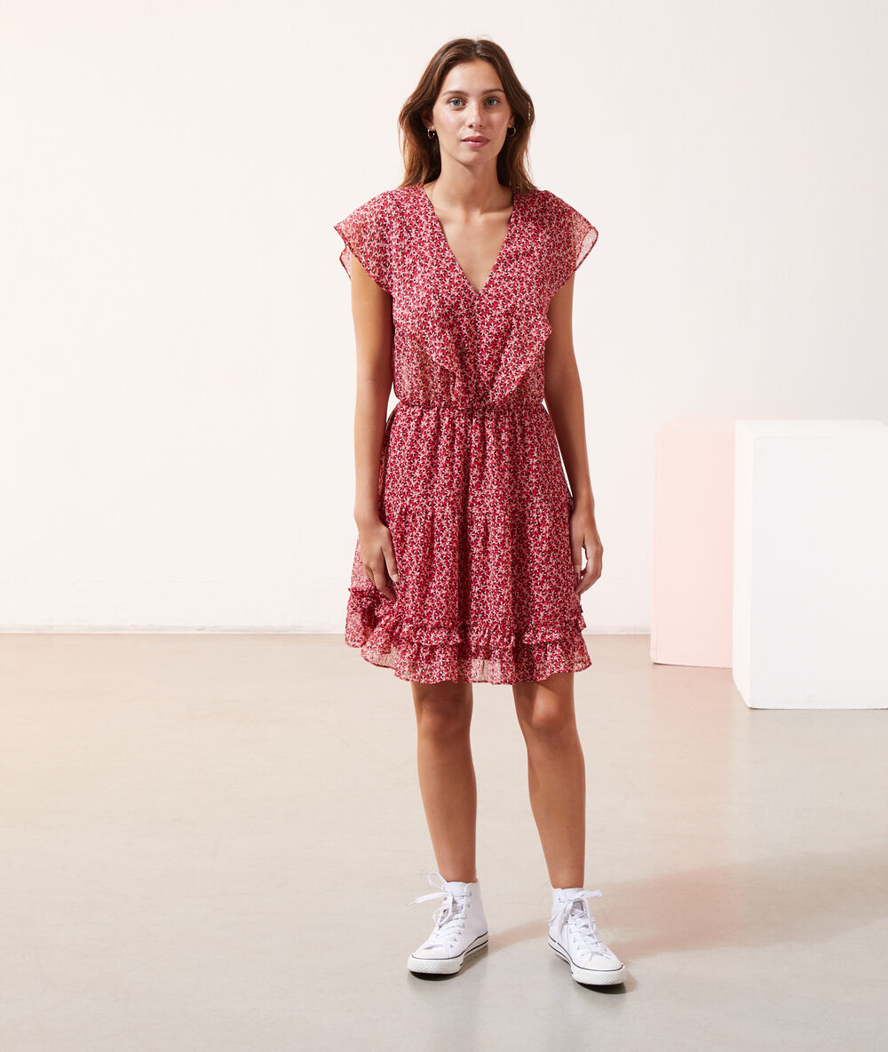 Vestido corto estampado floral con volantes frambuesa.